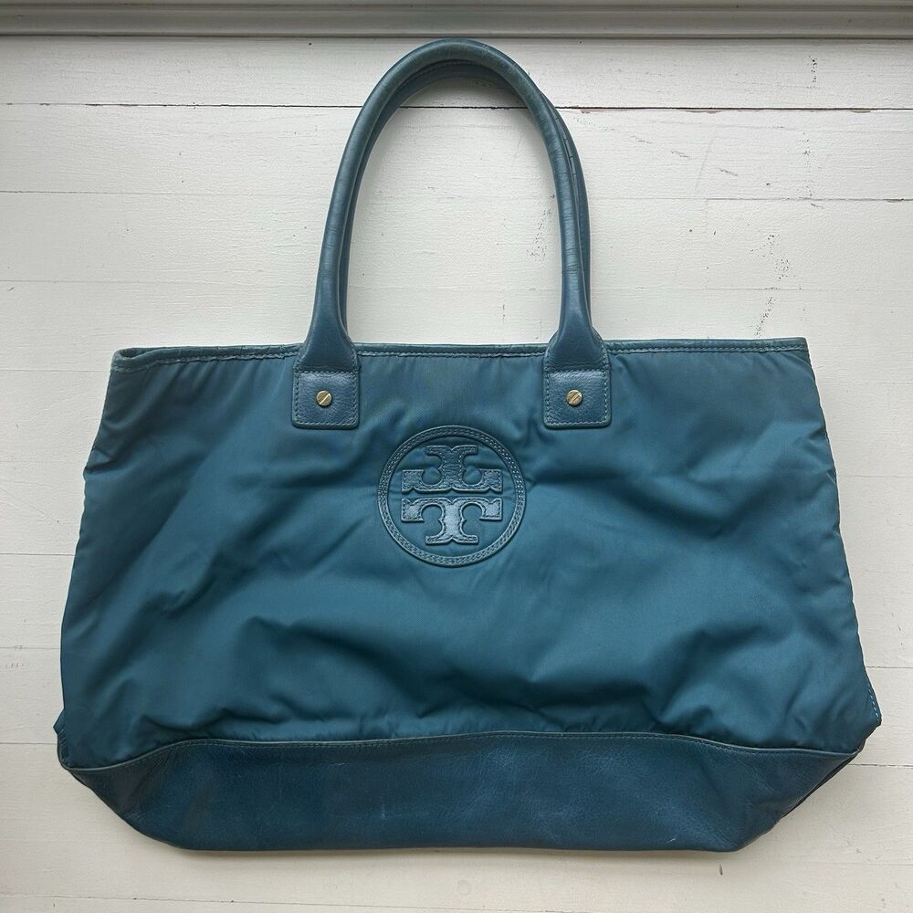 Tory Burch Ella Nylon Leather Tote Handbag - Teal Blue Embossed Logo